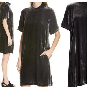 Eileen Fisher Velvet The Tie Back Shift Dress Charcoal Gray Mock Neck Size XS